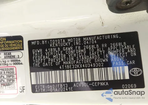 2004 Toyota Camry Le из США, поврежденный, VIN 4T1BE32KX4U349302